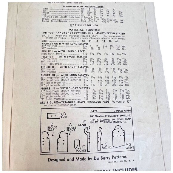 Du Barry Sewing Pattern 5474 Blouse Top Size 16 Bust 34" Bust Unprinted WWII OOP - Picture 7 of 7